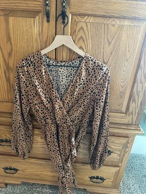 Wrap Front Leopard Print Blouse - Brown